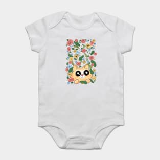 Cute starry eyed kitty cat and flowers Baby Bodysuit